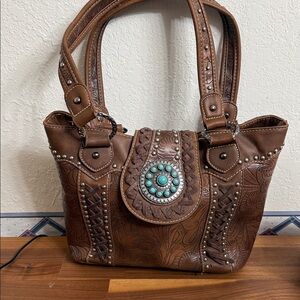 Trinity Ranch Brown Embossed Leather Handbag with Turquoise Accent